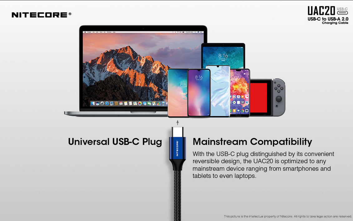 Cable lampe Nitecore UAC20 USB C USB A 3A