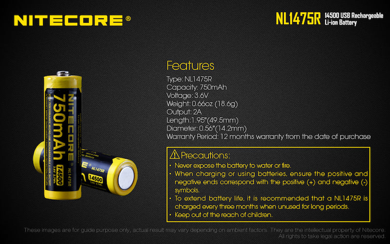 Batterie 14500 rechargeable Type C Nitecore NL1475R 750mAh pour lampe torch