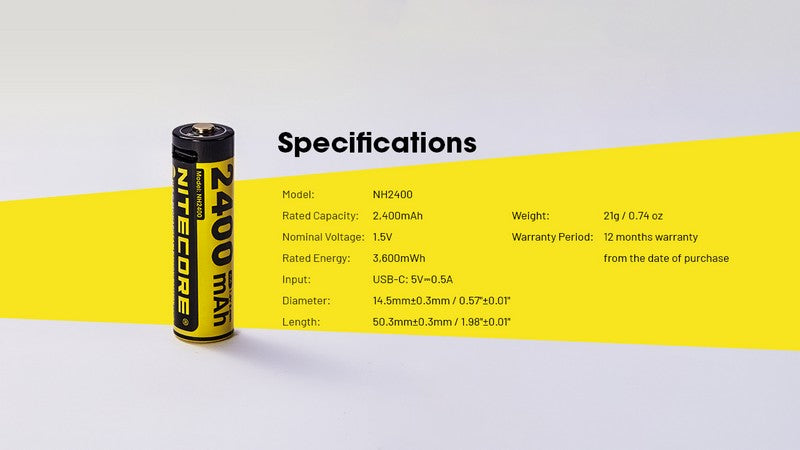 Batterie AA 1.5Vrechargeable USB C Nitecore MH2400 2400mAh 1 9