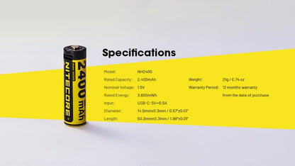 Batterie AA 1.5Vrechargeable USB C Nitecore MH2400 2400mAh 1 9