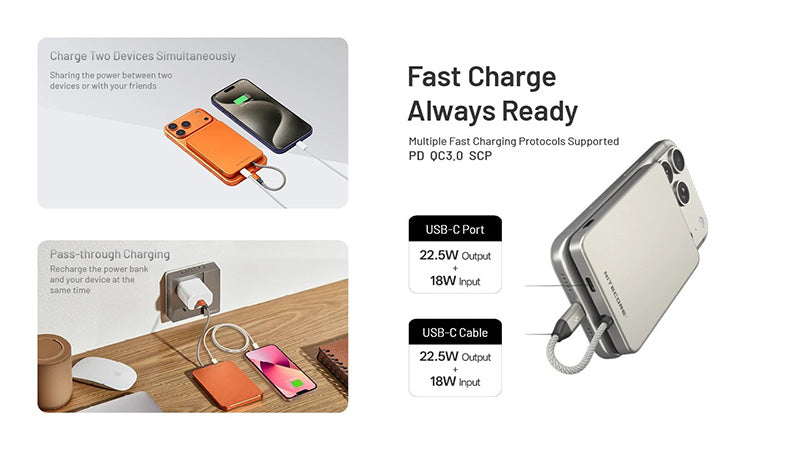 Powerbank Nitecore Pocket 5 5000mAh - 22,5W - Câble USB-C Intégré - Fixation Magnétique