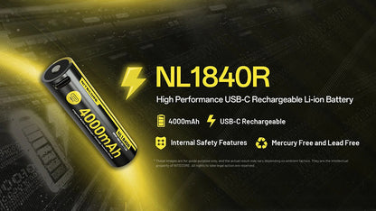 NL1840R - Batterie Li-ion 4000mAh 18650 Rechargeable - USB-C Intégré - Haute Densité Énergétique