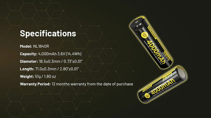 NL1840R - Batterie Li-ion 4000mAh 18650 Rechargeable - USB-C Intégré - Haute Densité Énergétique