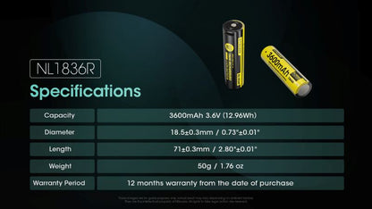 Batterie Nitecore 18650 3600mAh rechargeable Type C NL1836R 01 11