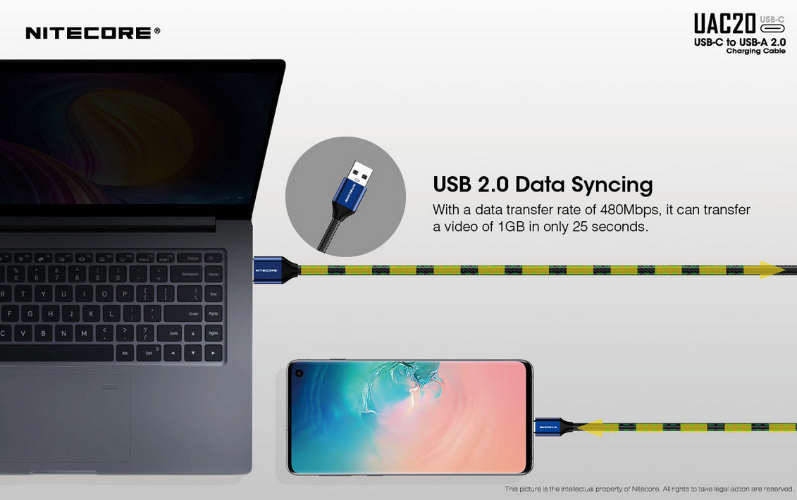 Cable USB C lampe torche Nitecore UAC20 USB A