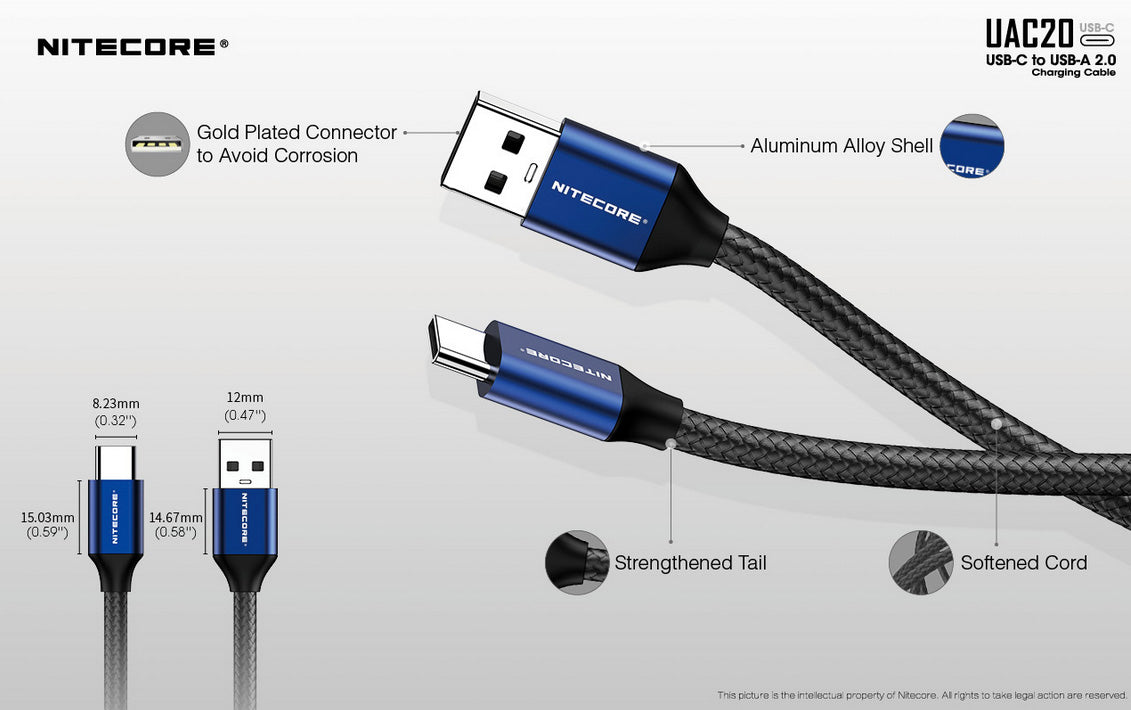 Cable lampe Nitecore UAC20 USB C 3A