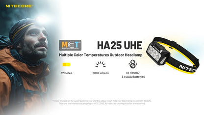 HA25 UHE - Lampe Frontale 800 Lumens - 3 températures de couleur - Double alimentation