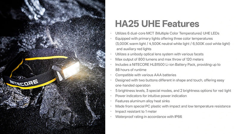 HA25 UHE - Lampe Frontale 800 Lumens - 3 températures de couleur - Double alimentation