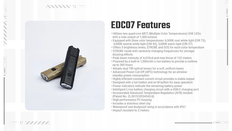 EDC07 – Lampe Torche Nitecore – 1500 Lumens – 3 Températures de Couleur – Rechargeable USB-C