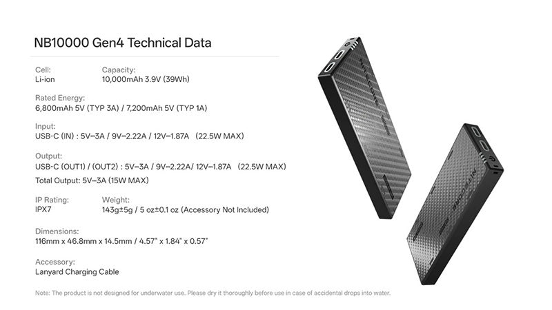 NB10000 GEN4 - Powerbank 10 000mAh - Charge Rapide USB-C - IPX7 Submersible - Ultra-Légère