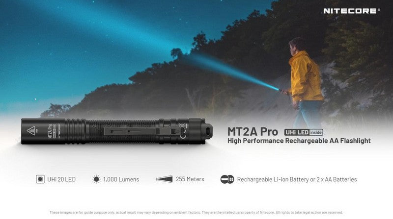 lampe de poche Nitecore MT2A PRO 1000 lumens alimentee par deux piles AA ou