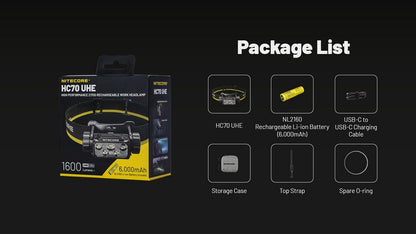 lampe frontale professionnelle Nitecore HC70 1600 lumens batterie 21700 6000