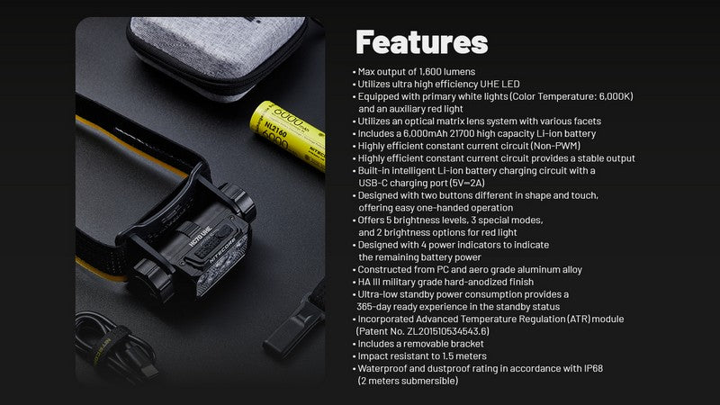 lampe frontale professionnelle Nitecore HC70 1600 lumens batterie 21700 6000