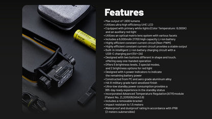 lampe frontale professionnelle Nitecore HC70 1600 lumens batterie 21700 6000